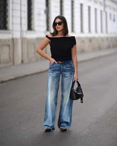 Women's Vintage Washed High Waist Wide Leg Denim Jeans
