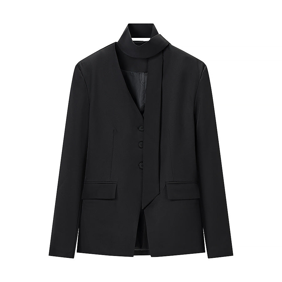 Women's Tie Neck Single Breasted Solid Blazer Jacket