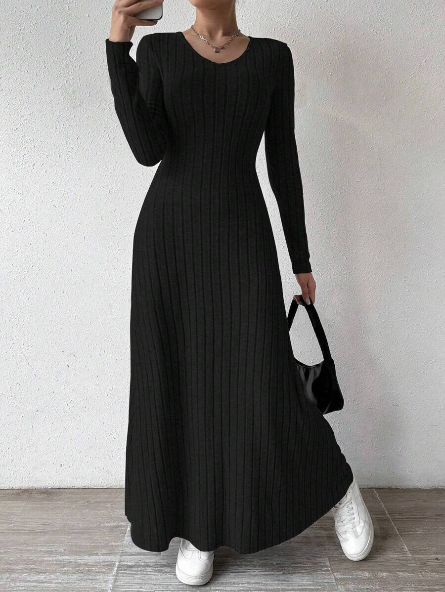 Ribbed Knit Long Sleeve Bodycon Maxi Dress