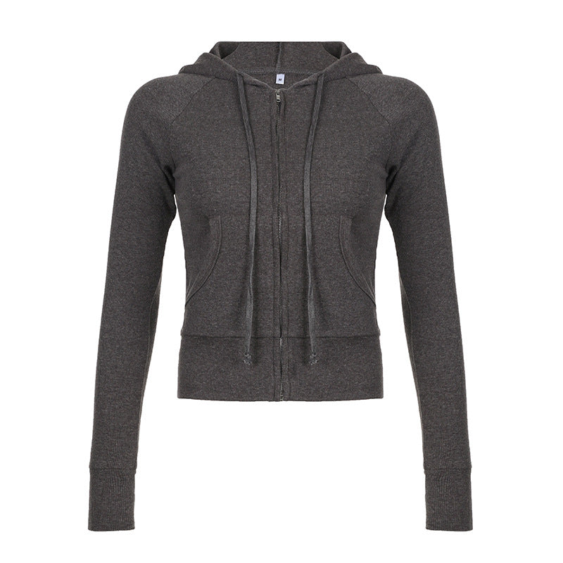 Y2K Ribbed Zip-Up Hoodie Cropped Slim Fit Streetwear