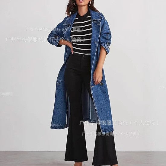 Womens Long Denim Trench Coat Oversized Vintage Jacket