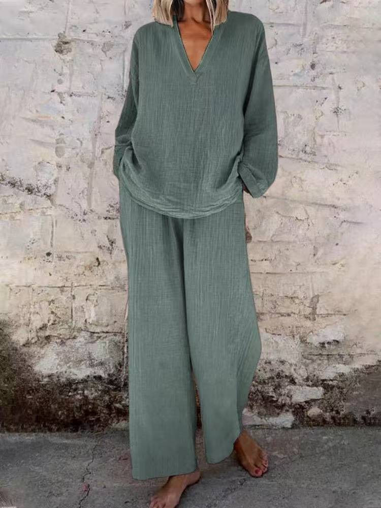 Women's Solid V Neck Wide Leg Pants Casual Two Piece Set