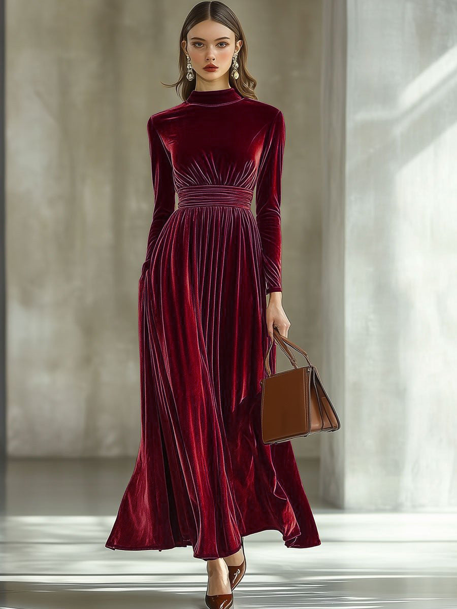 Velvet Maxi Dress Long Sleeve Mock Neck Smocked Waist
