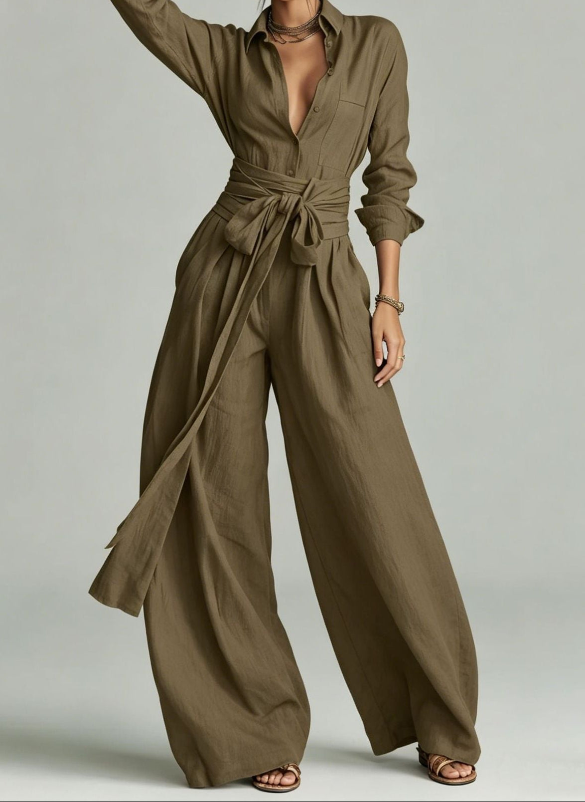Linen Two Piece Set High Waist Wide Leg Pants