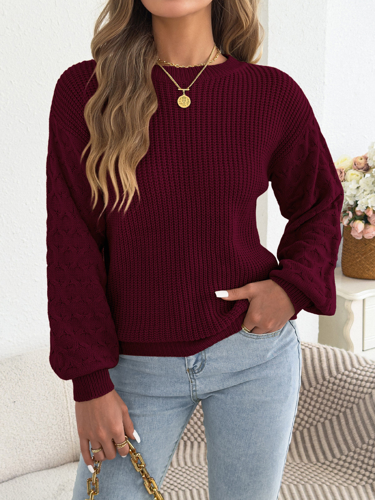Women's Crew Neck Cable Knit Balloon Sleeve Sweater