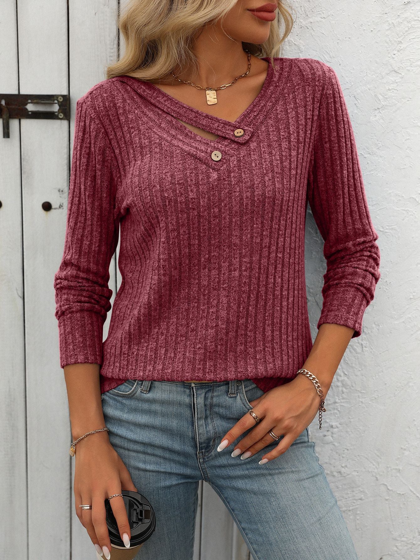 Ribbed V Neck Button Detail Long Sleeve Top