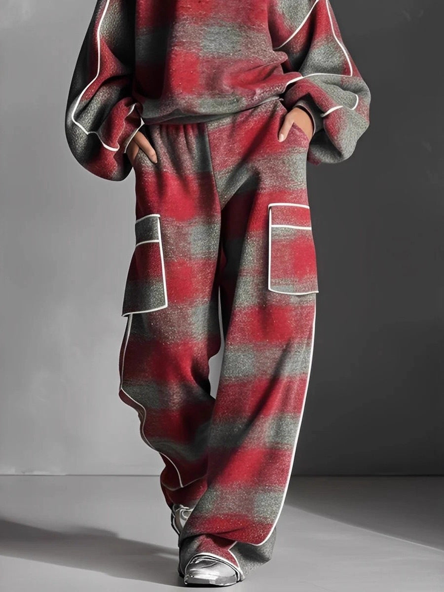 Women's Plaid Piping Oversized Sweatshirt & Pants Set
