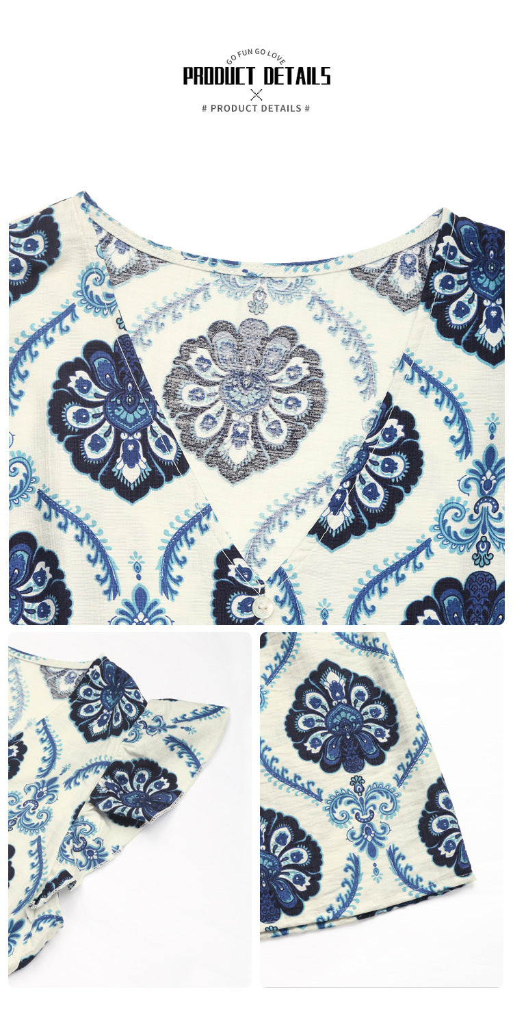 Boho Geometric Print Flutter Sleeve Midi Dress