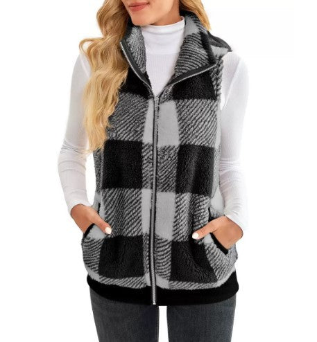 Womens Buffalo Plaid Sherpa Vest Zip Up Fleece Stand Collar