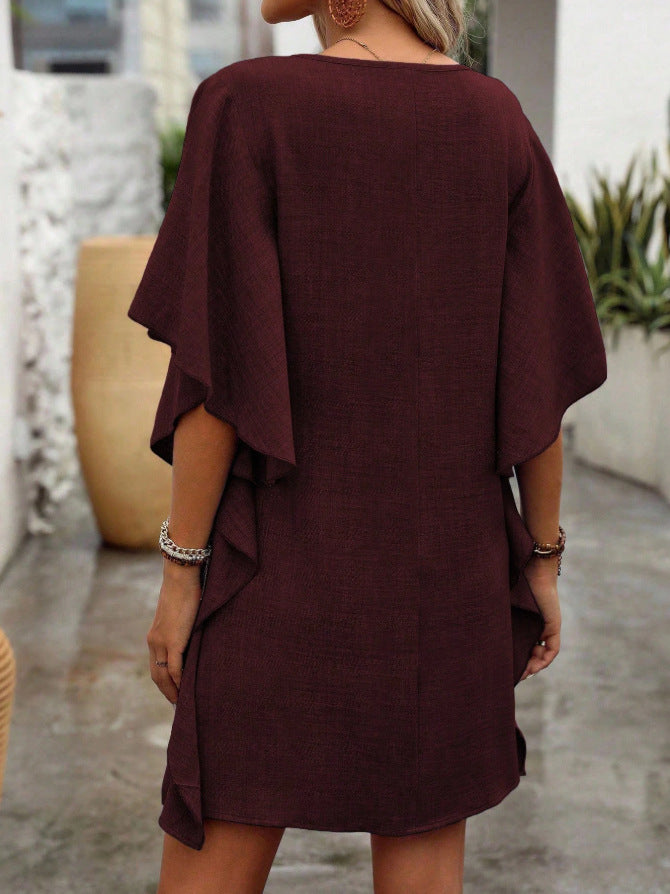 Flowy V-Neck Ruffle Sleeve Summer Dress Loose Fit