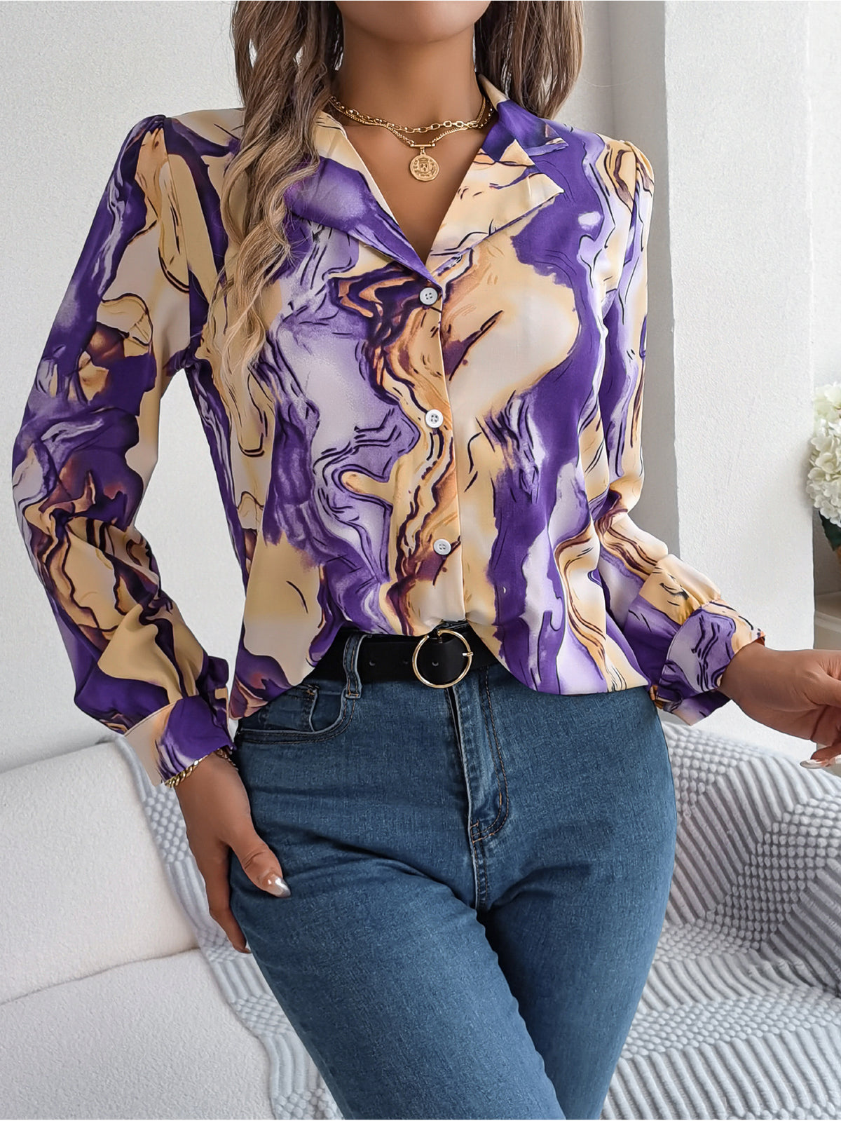 Women's Colorblock Striped Lapel Long Sleeve Blouse