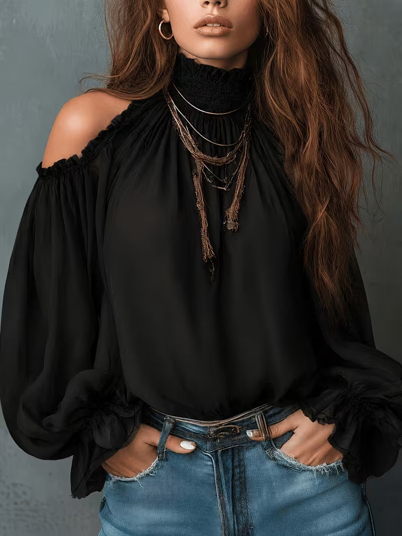 Cold Shoulder Paisley Blouse Balloon Sleeve Smocked Neck