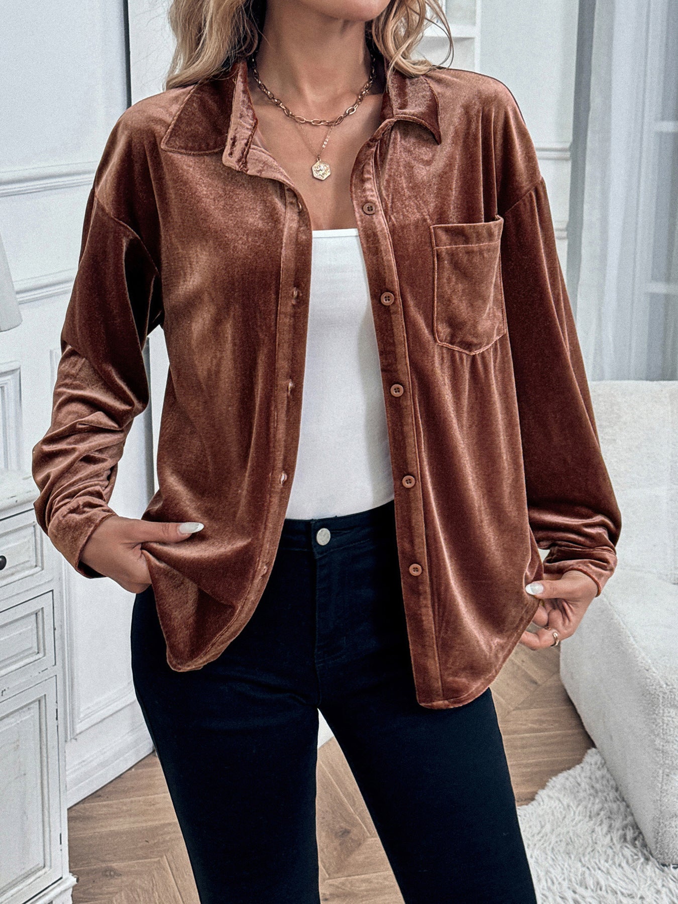 Solid Velvet Button-Up Lantern Sleeve Collared Blouse