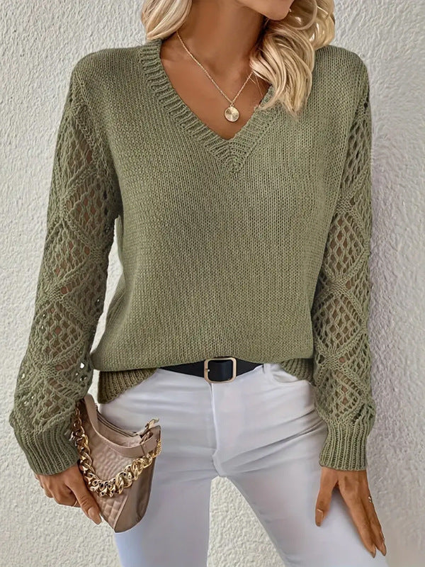 Women's V-Neck Crochet Sleeve Sweater Top