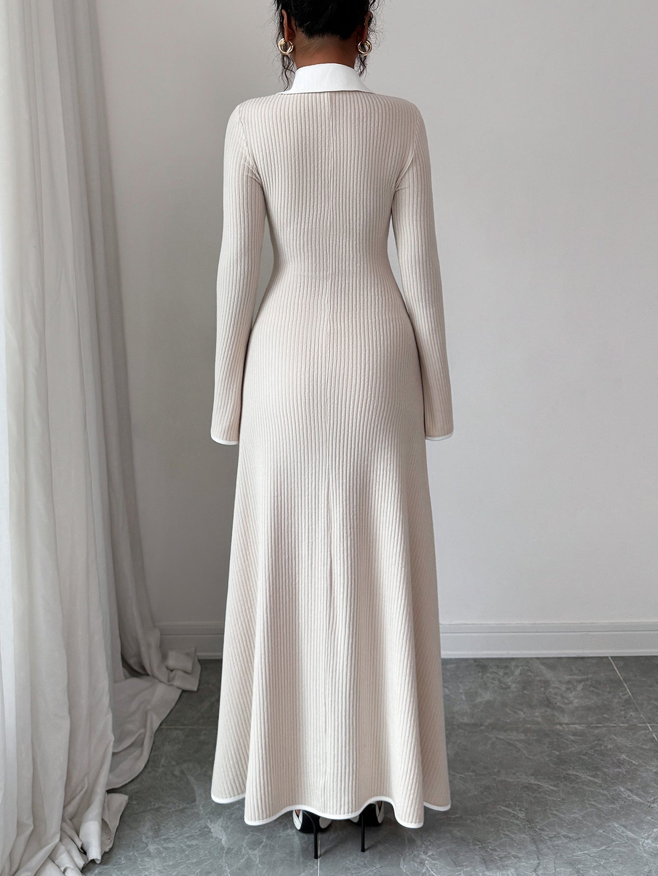 Ribbed Long Sleeve Collared Maxi Dress