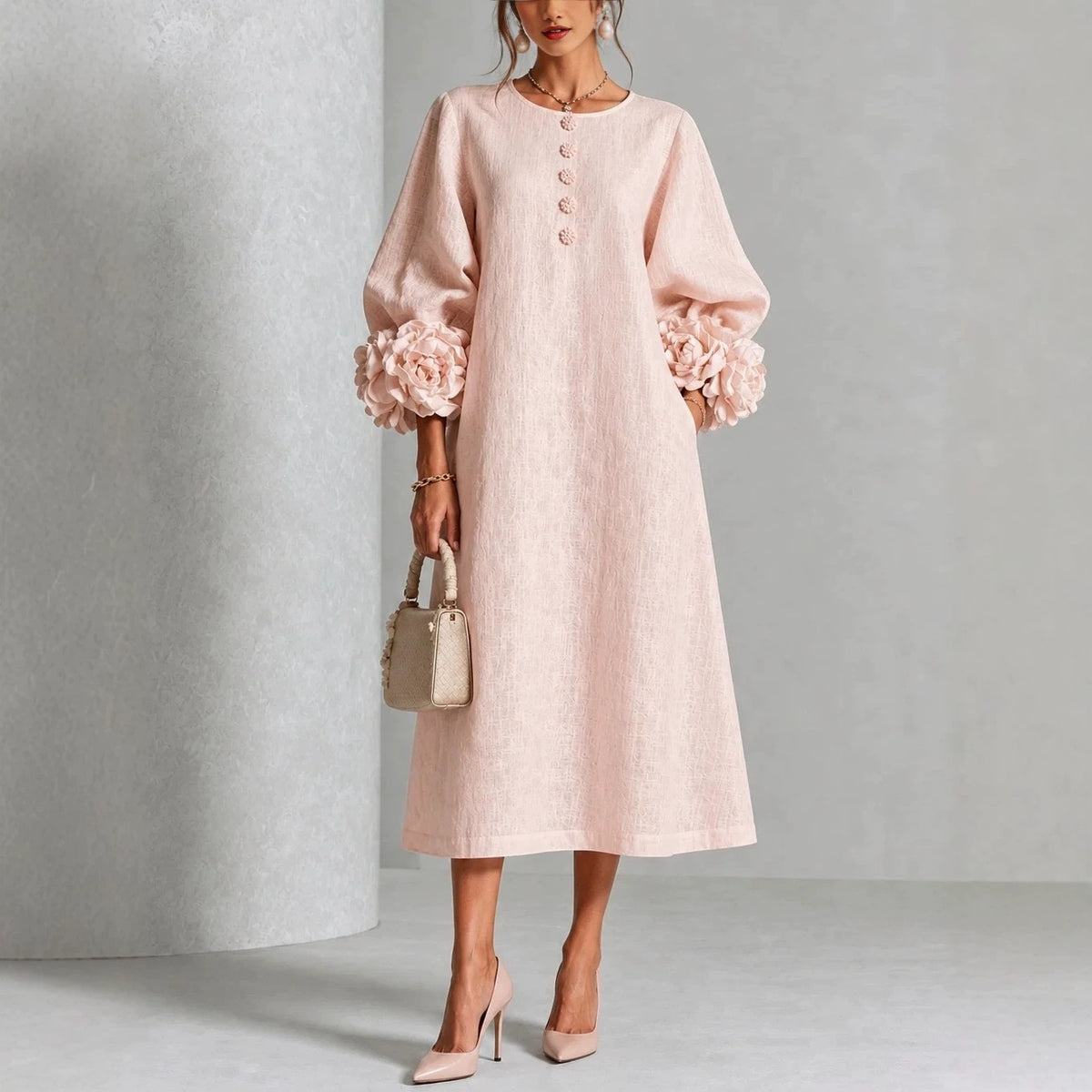 Women's Linen Midi Dress 3D Floral Cuff Button Front