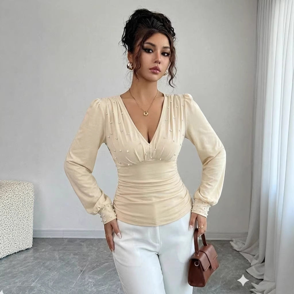Black Pearl Studded V-Neck Long Sleeve Slim Fit Top Women