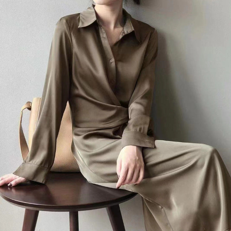 Women's Satin Long Sleeve Maxi Shirt Dress