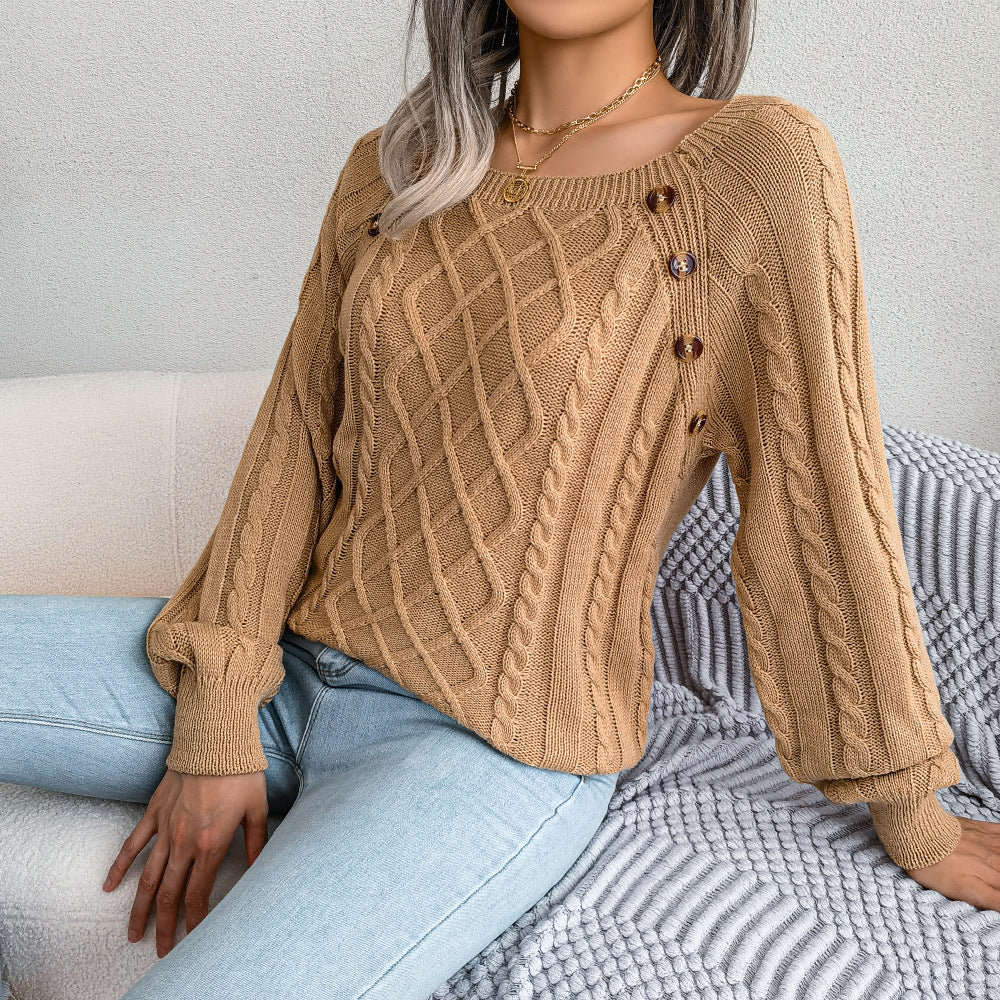 2025 Fall Winter Casual Square Neck Button Detail Cable Knit Sweater