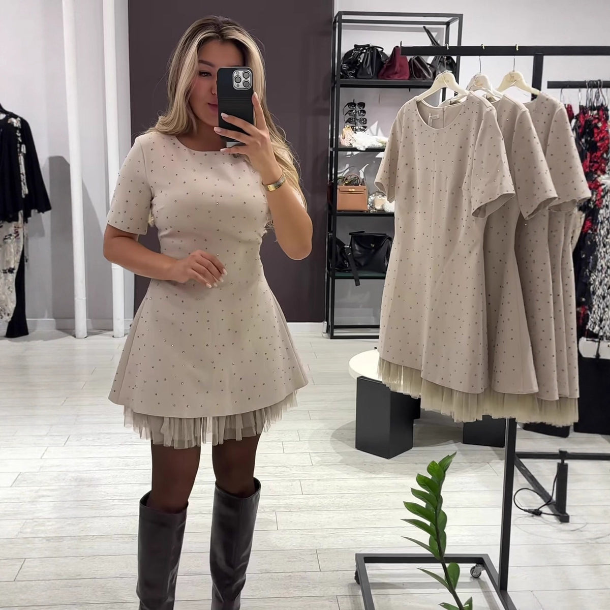 Rhinestone Lace Trim Short Sleeve A-Line Mini Dress