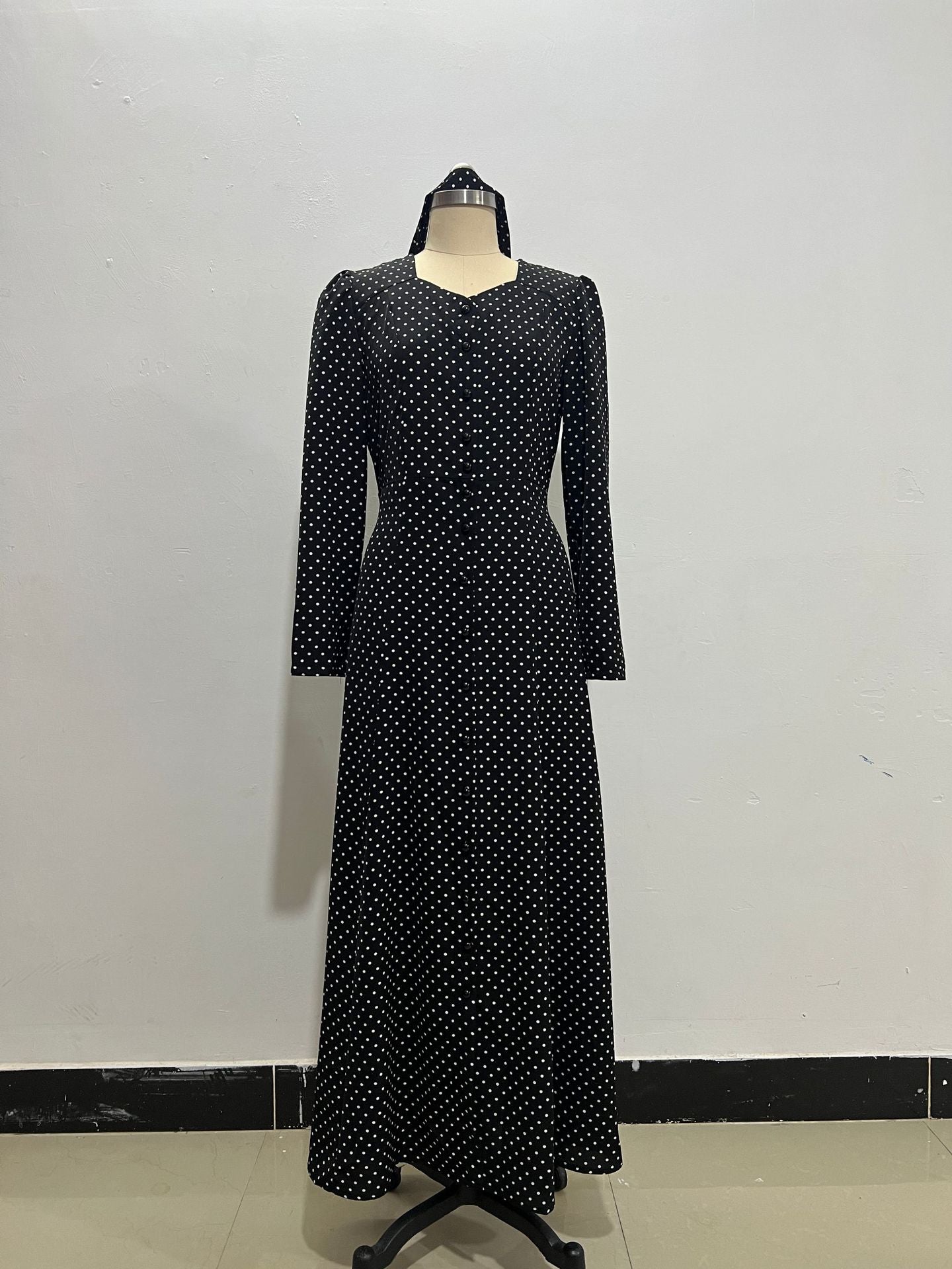 Long Sleeve Square Neck Polka Dot Button Front Maxi Dress