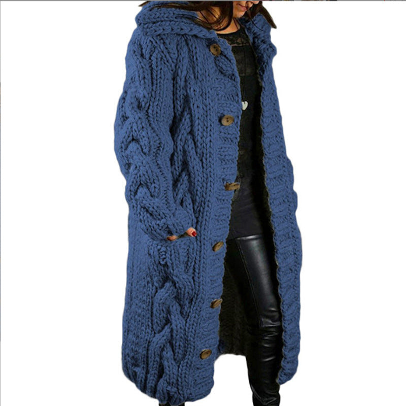Women's Chunky Cable Knit Hooded Long Cardigan Plus Size