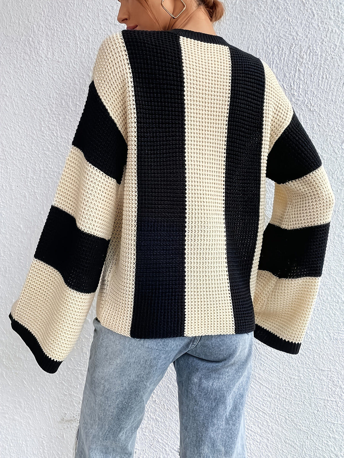Color Block Sweater Crew Neck Balloon Sleeve Oversized