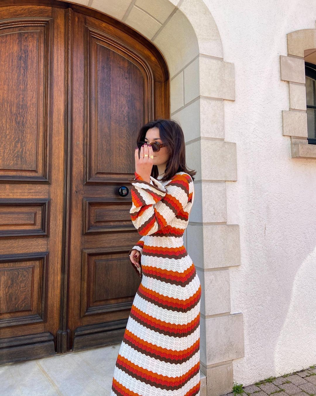 Striped Crochet Maxi Dress Long Sleeve Boho Beach Vacation