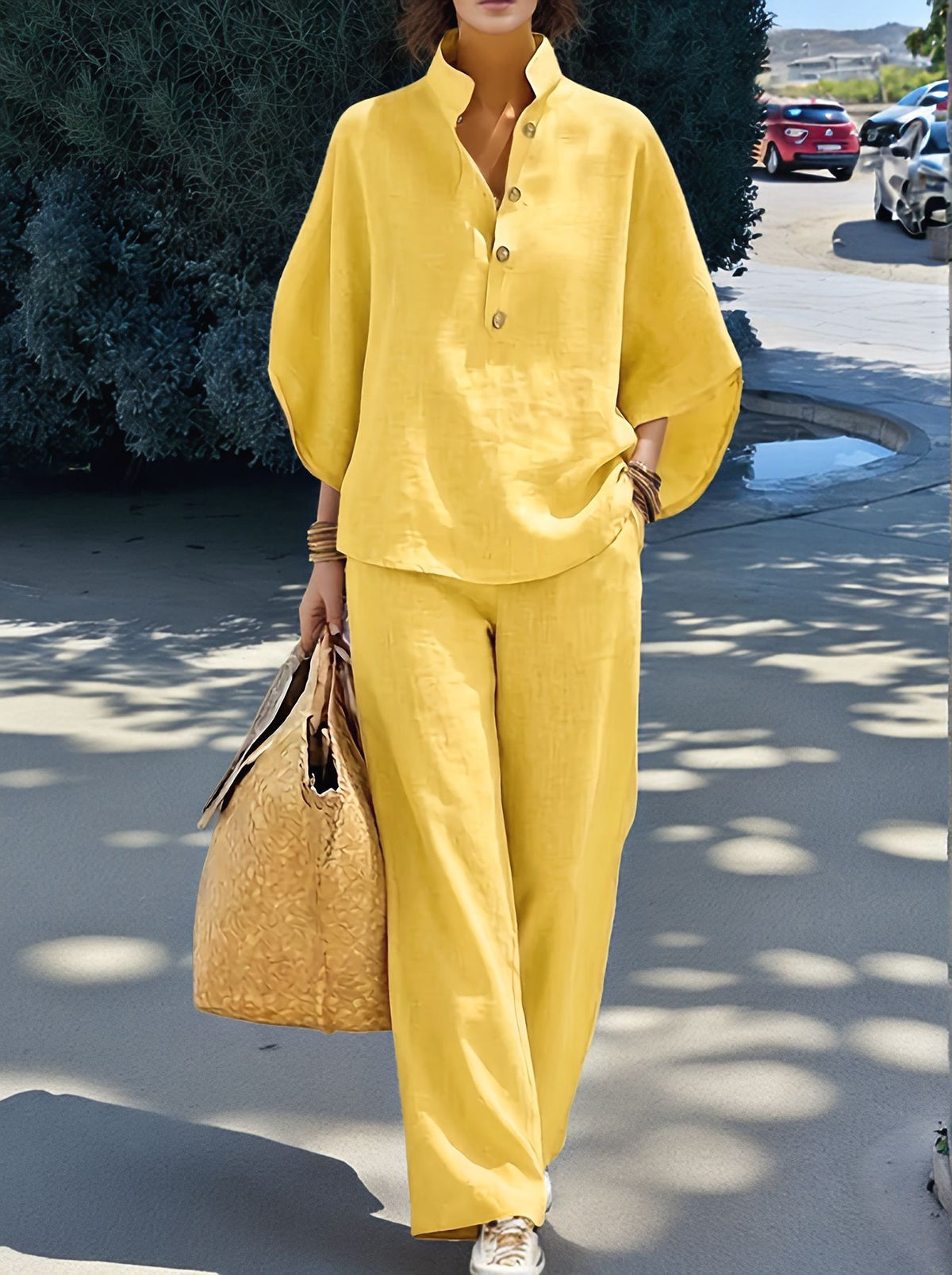 Women's Casual Two Piece Collared Shirt Wide Leg Pants Set