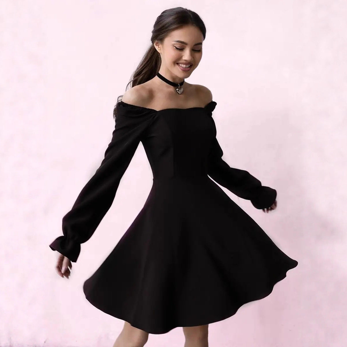 Black Satin Square Neck Puff Sleeve Party Dress