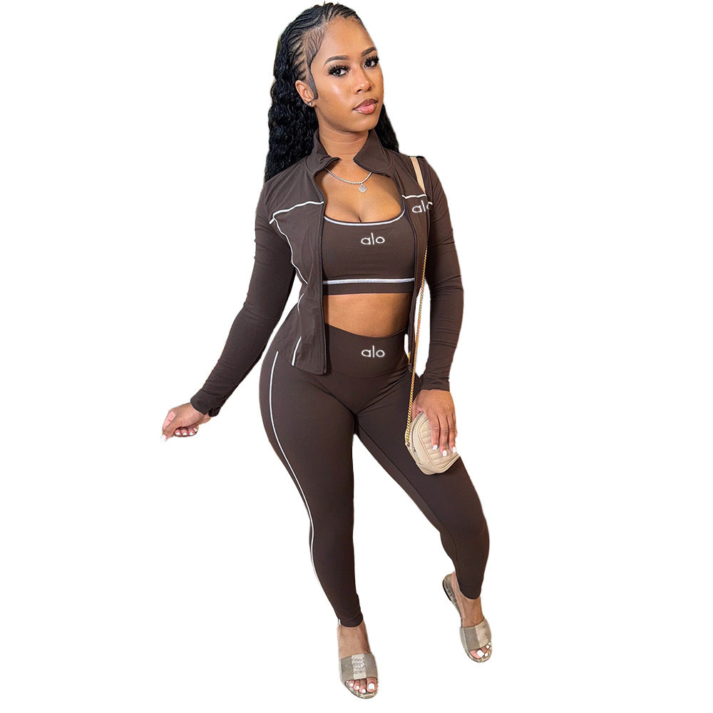 Women 3 Piece Yoga Set Zip Jacket Crop Top Leggings