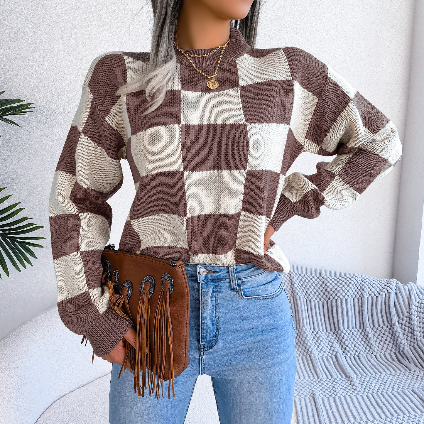 2025 Fall/Winter Colorblock Checkered Knit Sweater - Street Style
