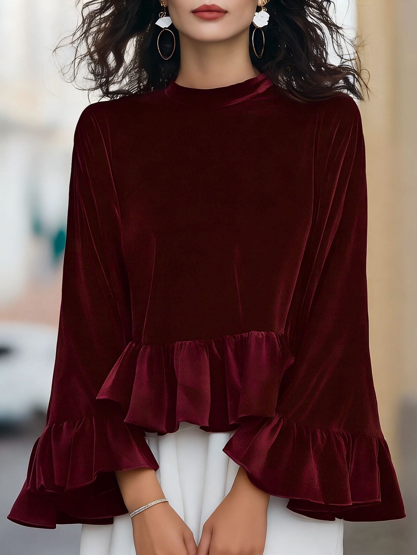 Women's Velvet Peplum Ruffle Long Sleeve Top