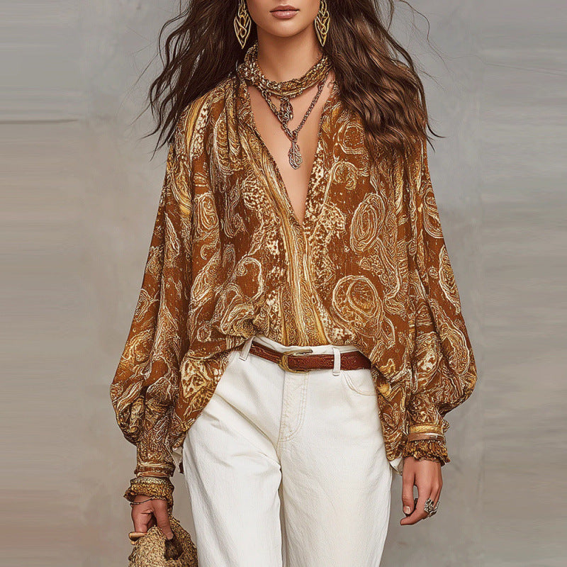 Women's Boho Paisley V-Neck Long Sleeve Blouse Top