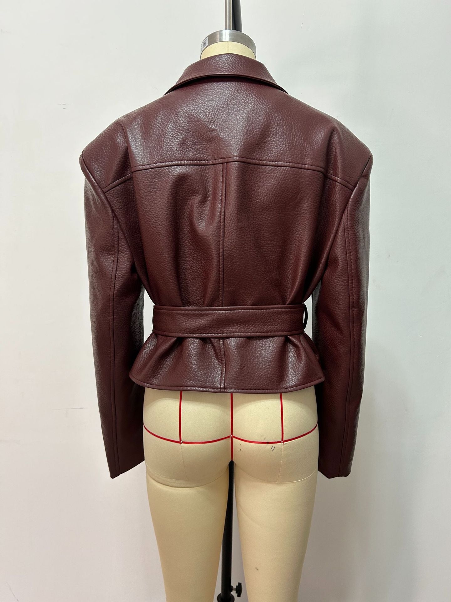 Belted Faux Leather Jacket Women Moto Blazer