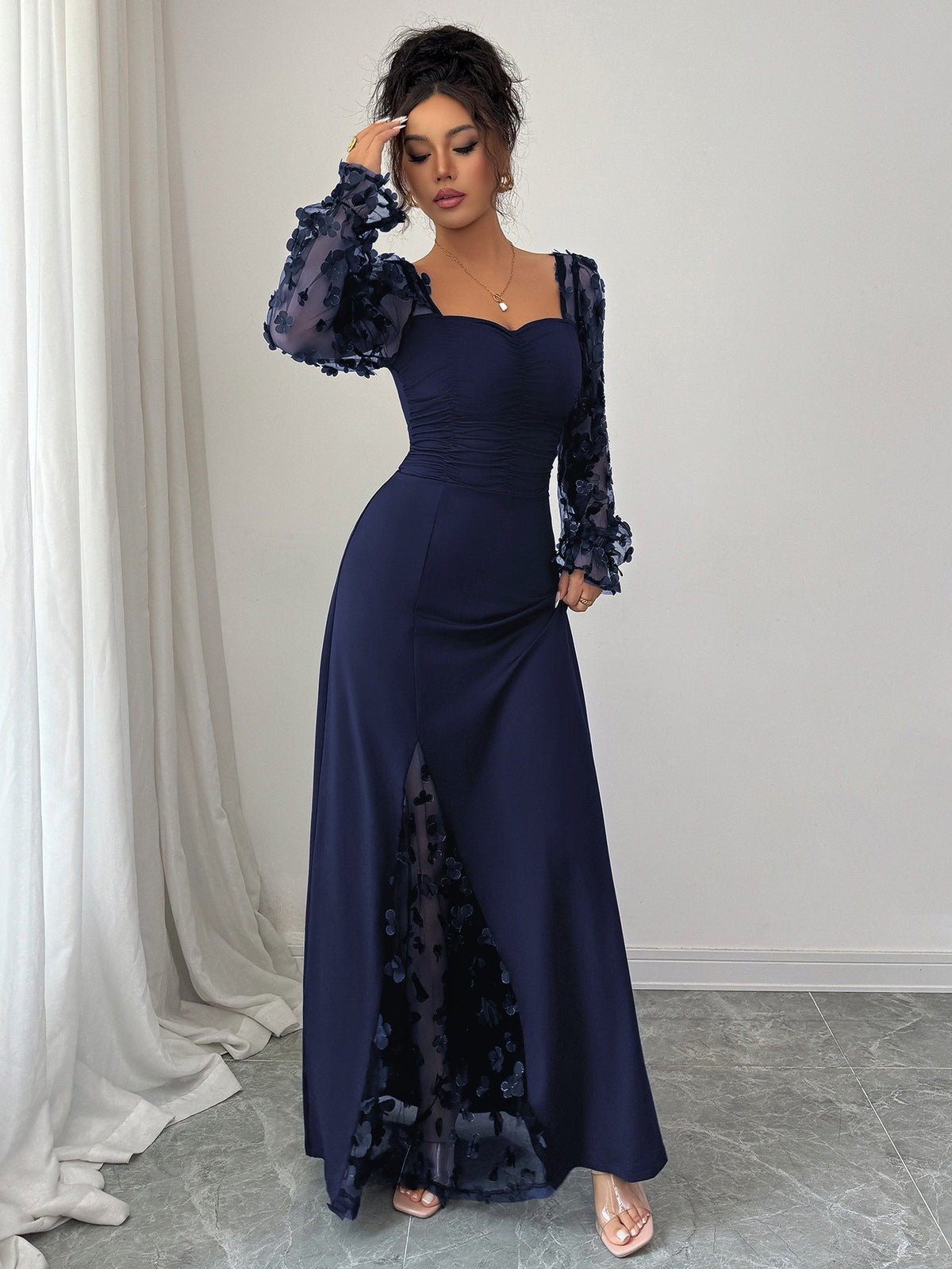 Square Neck Floral Applique Mesh Sleeve Maxi Dress