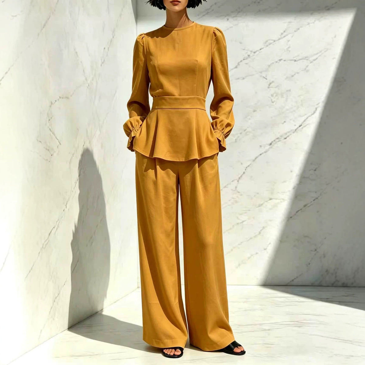Women's Puff Sleeve Peplum Wide Leg Pants Set