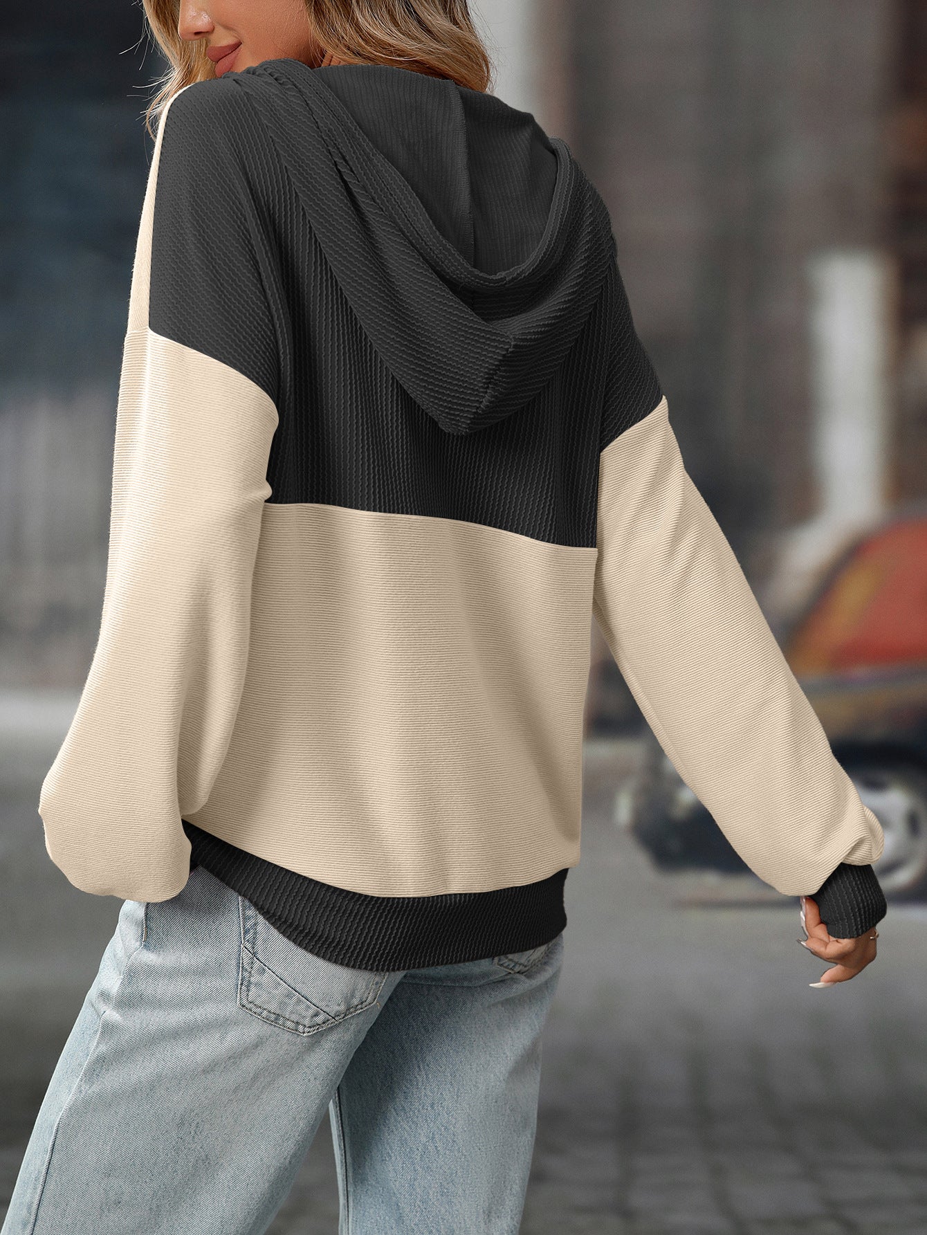2025 Fall/Winter Colorblock Knit Trim Hoodie – Casual Pullover Sweatshirt