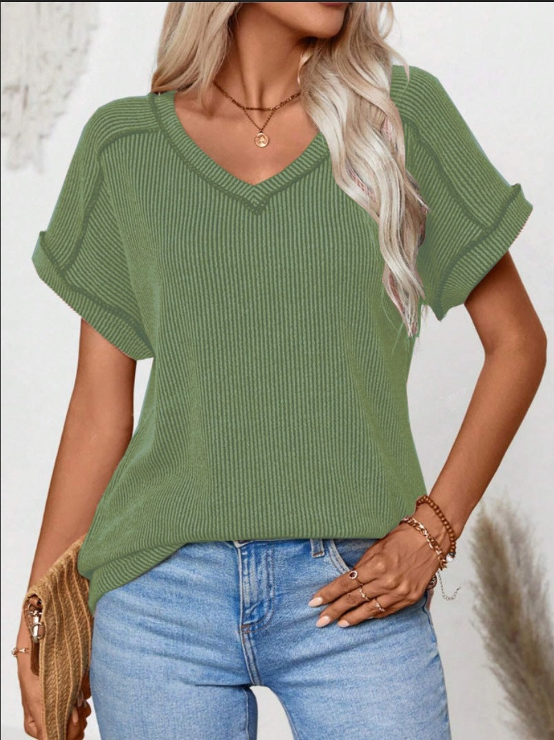 Women's V Neck Short Sleeve Ribbed Loose Casual T-Shirt