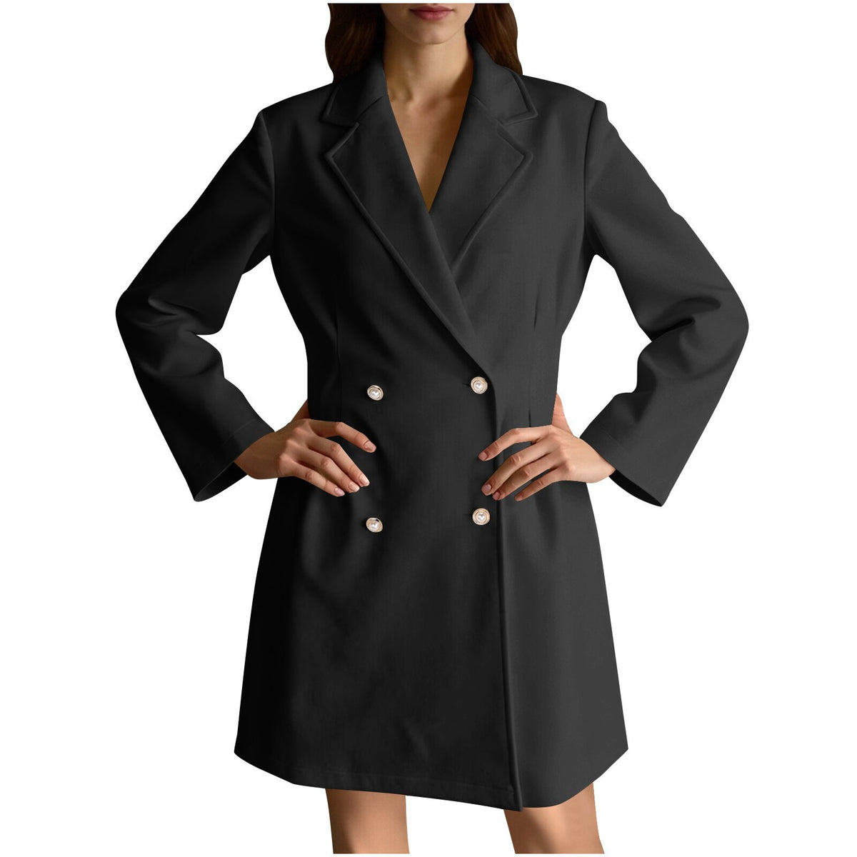 Women Double Breasted Tweed Coat Pearl Button