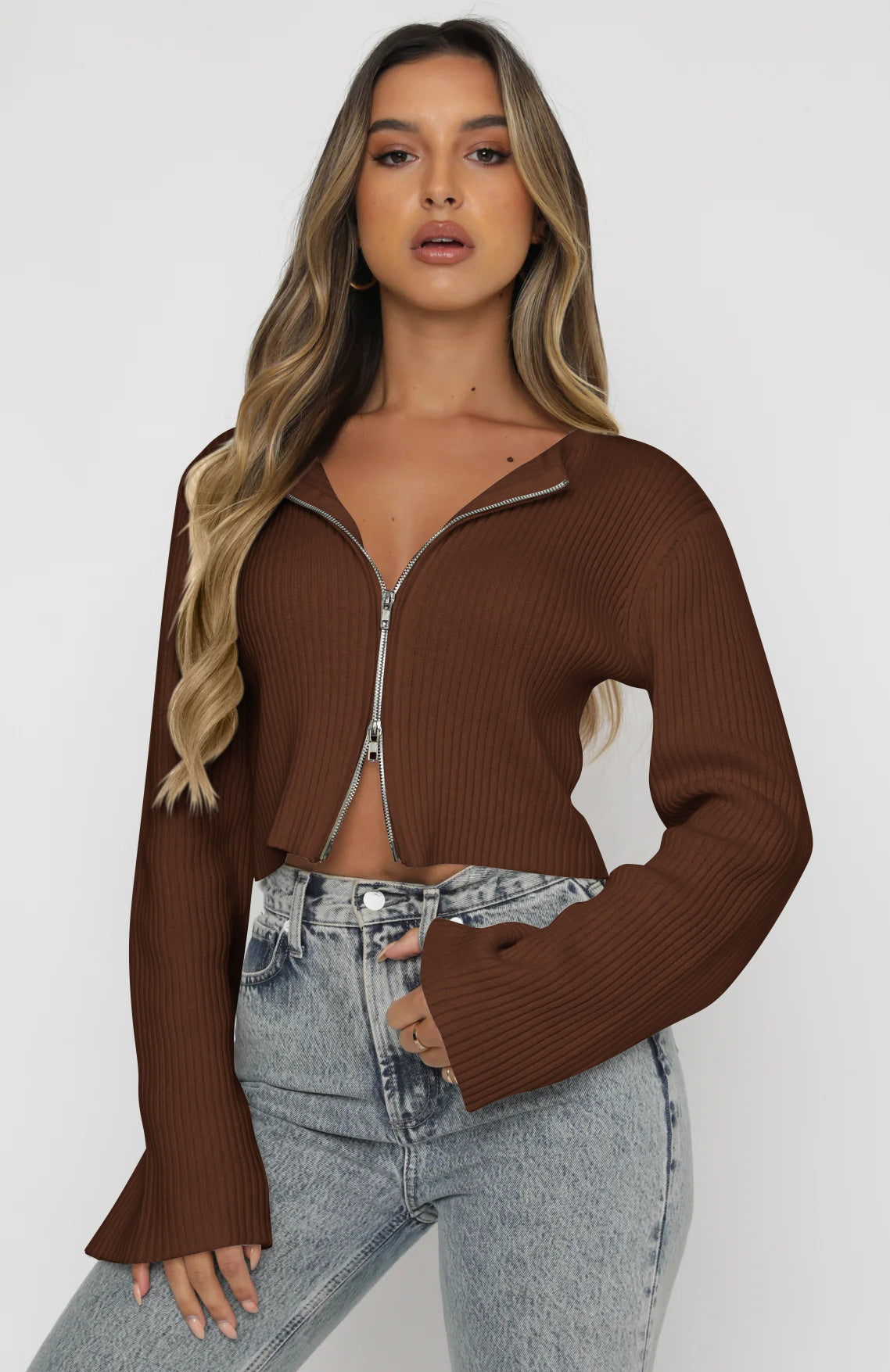 Women’s Ribbed Zip-Up Cropped Sweater with Flare Sleeves