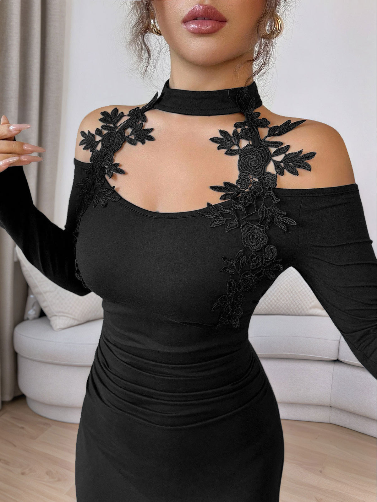Elegant Black Lace Cut Out Long Sleeve Bodycon Maxi Dress