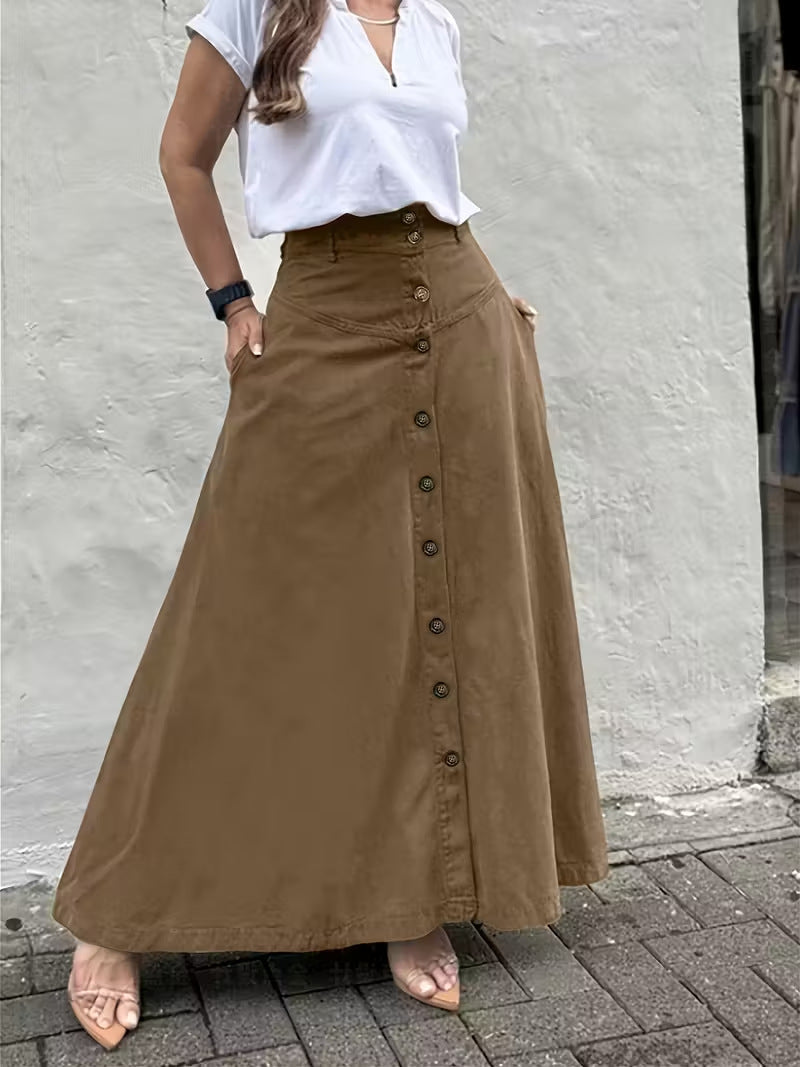 Women's High Waist Button Front Maxi Skirt A-Line Pockets