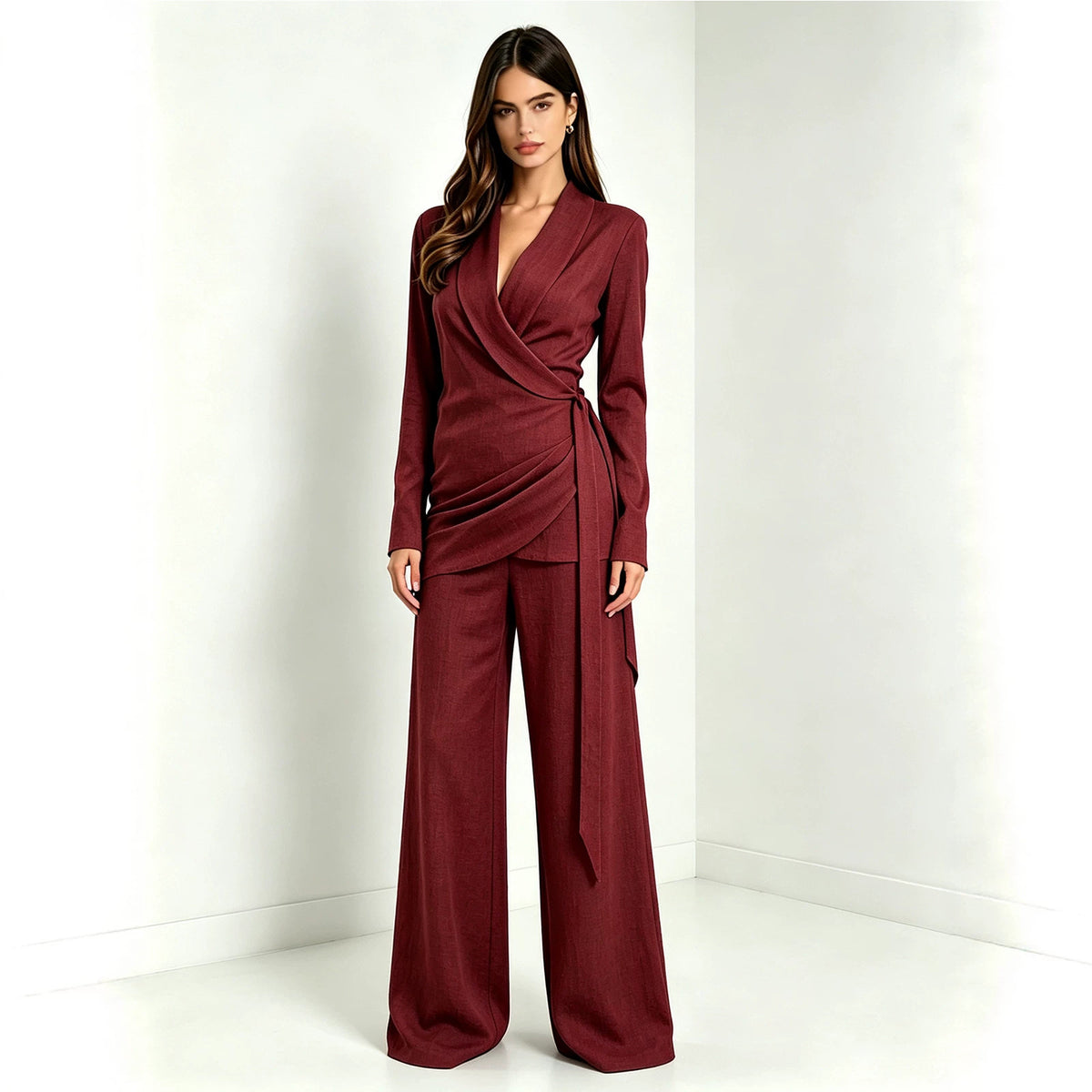 Women's Wrap V Neck Blazer Wide Leg Two Piece Set