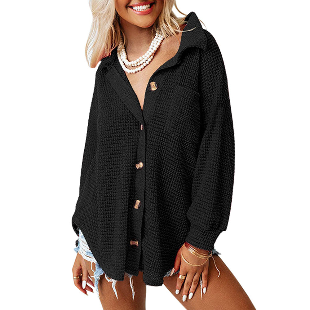2025 Fall/Winter Casual Waffle Knit Shirt – Loose Fit Commuter Top
