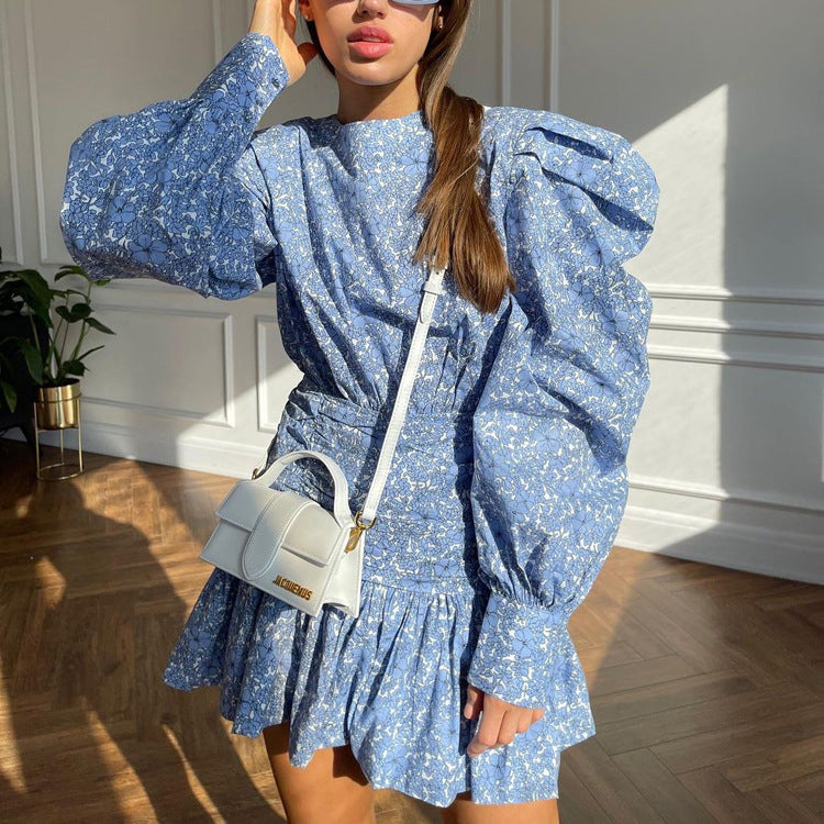 Blue Floral Puff Sleeve Pleated Mini Dress