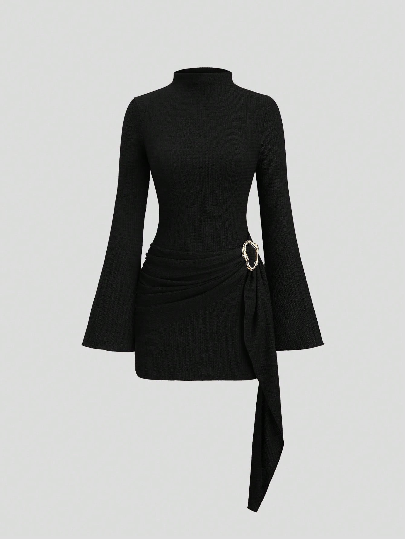 Ruched Knit Bodycon Dress Metal Ring Long Sleeve Mini