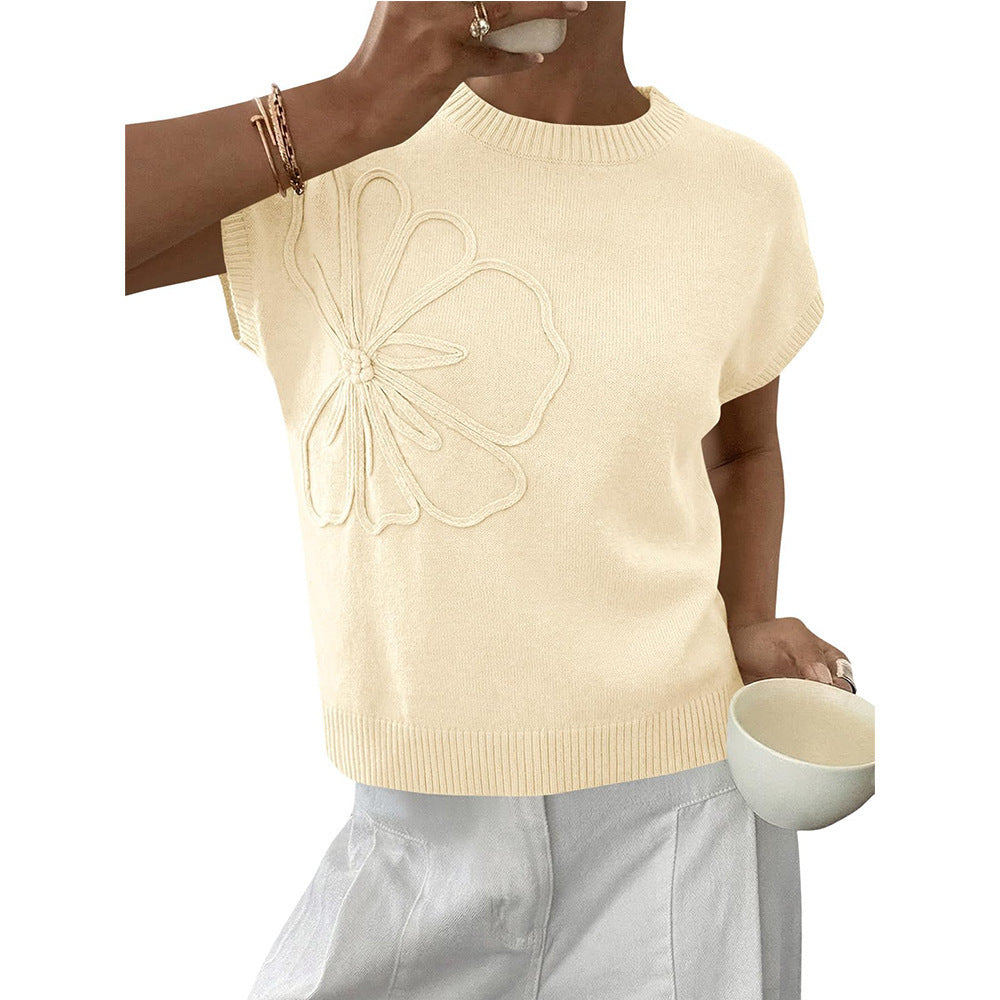Floral Knit Sweater Short Sleeve Textured Summer Top