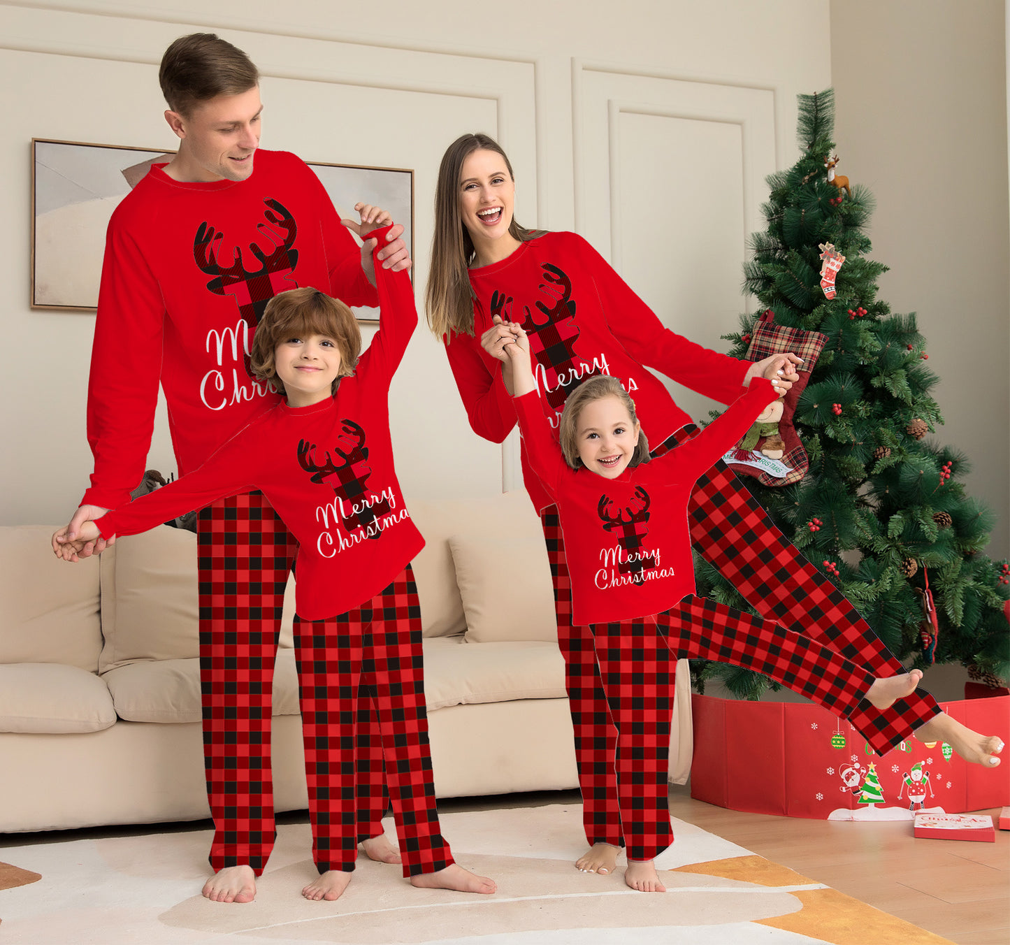 Alphabet Plaid Deer Parent-child Outfit Printed Loungewear Christmas Pajamas