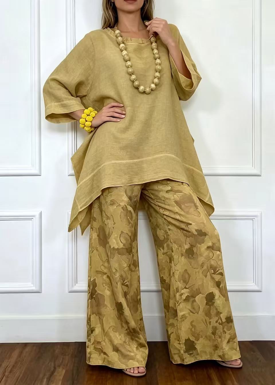 Women's Linen Set Asymmetric Top & Floral Wide Leg Pants
